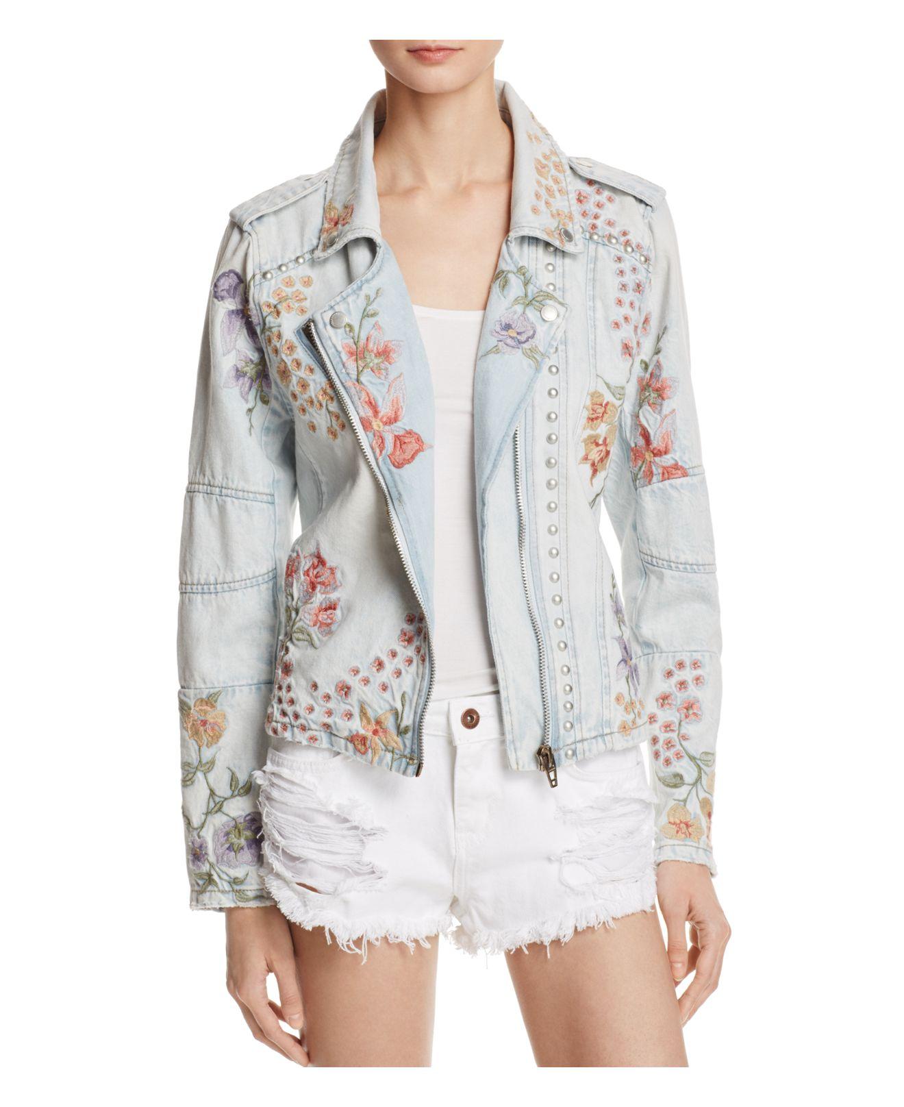 Blank NYC Floral Embroidered Denim Moto Jacket in Blue Lyst